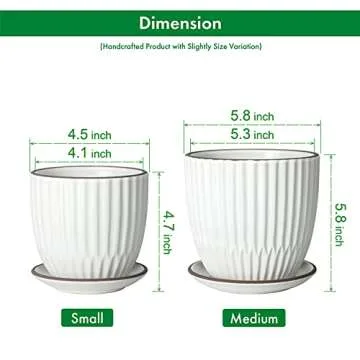 D'vine Dev Set of 2 Stoneware Planter Pots, Ceramic Pot with Drainage Hole and Saucers, 4.5 Inch 5.8 Inch, Ivory, 99-D-1