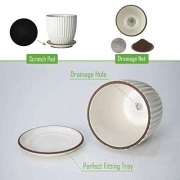 D'vine Dev Set of 2 Stoneware Planter Pots, Ceramic Pot with Drainage Hole and Saucers, 4.5 Inch 5.8 Inch, Ivory, 99-D-1