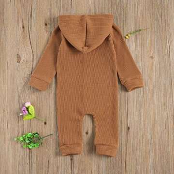 Ynibbim Winter Newborn Baby Boy Girl Solid Romper Unisex Infants Hooded Outfit Clothes Waffle Cotton Button Jumpsuits (Khaki, 3-6 Months)
