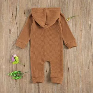 Ynibbim Winter Newborn Baby Boy Girl Solid Romper Unisex Infants Hooded Outfit Clothes Waffle Cotton Button Jumpsuits (Khaki, 3-6 Months)
