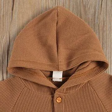 Ynibbim Winter Newborn Baby Boy Girl Solid Romper Unisex Infants Hooded Outfit Clothes Waffle Cotton Button Jumpsuits (Khaki, 3-6 Months)