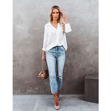Womens Button Down Shirts Long Sleeve Casual Work Blouses Vneck Loose Tunics Plain Office Tops White S