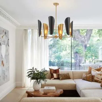 MhyTogn 29" Industrial Chandelier with Antique Brass Brush Paint and Matt Black Finish, Farmhouse Pe...