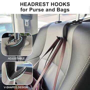 DPKIKO Car Headrest Hooks, 2 Pack Leather Car Purse Holder, Car Back Seat Headrest Hooks Holder for Purse Coats Umbrellas Grocery Bags Handbag