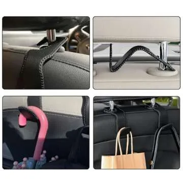 DPKIKO Car Headrest Hooks, 2 Pack Leather Car Purse Holder, Car Back Seat Headrest Hooks Holder for Purse Coats Umbrellas Grocery Bags Handbag