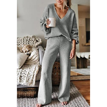 Viottiset Women's 2 Piece Outfits Casual V Neck Knit Wide Leg Sweater Lounge Set Sweatsuit Light Grey Small
