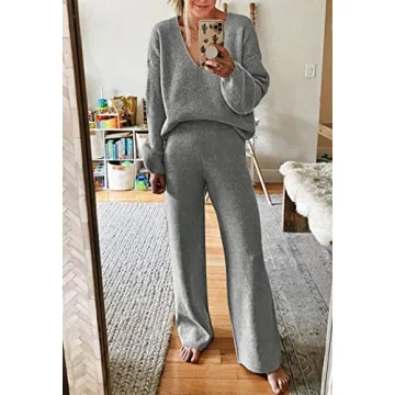 Viottiset Women's 2 Piece Outfits Casual V Neck Knit Wide Leg Sweater Lounge Set Sweatsuit Light Grey Small