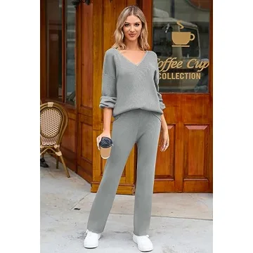 Viottiset Women's 2 Piece Outfits Casual V Neck Knit Wide Leg Sweater Lounge Set Sweatsuit Light Grey Small