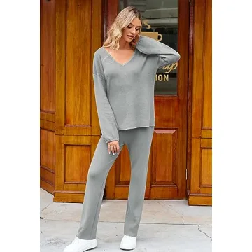 Viottiset Women's 2 Piece Outfits Casual V Neck Knit Wide Leg Sweater Lounge Set Sweatsuit Light Grey Small