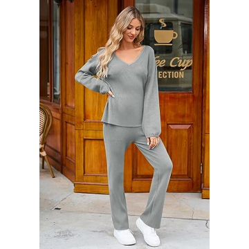 Viottiset Women's 2 Piece Outfits Casual V Neck Knit Wide Leg Sweater Lounge Set Sweatsuit Light Grey Small