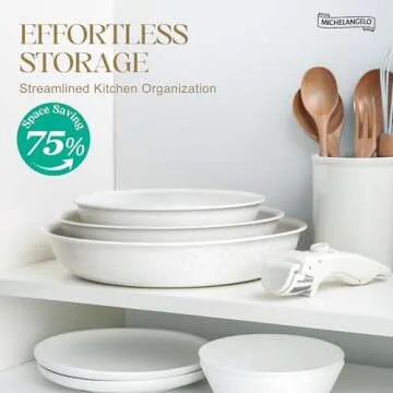 MICHELANGELO Nonstick Frying Pan Set Removable Handle, 8" 9.5" and 11" Frying Pans, Skillets with Detachable Handle, Granite Coating Egg Pan, Non Toxic Pans for Cooking, PFOA Free, Oven Safe, White