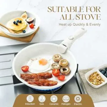 MICHELANGELO Nonstick Frying Pan Set Removable Handle, 8" 9.5" and 11" Frying Pans, Skillets with Detachable Handle, Granite Coating Egg Pan, Non Toxic Pans for Cooking, PFOA Free, Oven Safe, White