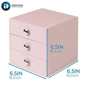 iDesign Plastic 3-Drawer Jewelry Box, Compact Storage Organization Drawers Set for Cosmetics, Dental Supplies, Hair Care, Bathroom, Office, Dorm, Desk, Countertop, 6.5" x 6.5" x 6.5", Pink