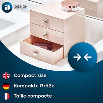 iDesign Plastic 3-Drawer Jewelry Box, Compact Storage Organization Drawers Set for Cosmetics, Dental Supplies, Hair Care, Bathroom, Office, Dorm, Desk, Countertop, 6.5" x 6.5" x 6.5", Pink