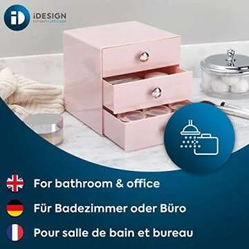 iDesign Plastic 3-Drawer Jewelry Box, Compact Storage Organization Drawers Set for Cosmetics, Dental Supplies, Hair Care, Bathroom, Office, Dorm, Desk, Countertop, 6.5" x 6.5" x 6.5", Pink