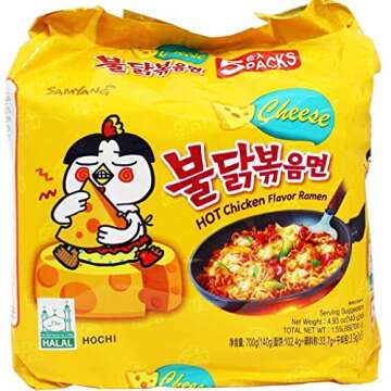 Samyang Fire Hot Cheese Flavored Chicken Ramen Noodles Pack of 5, Korean Noodles