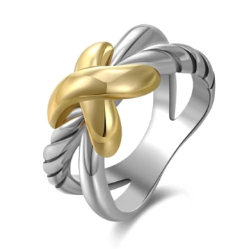 dnswez 2 Tone Intertwined Crossover Statement Antique Ring Fashion Chunky Band Rings for Women Men G...