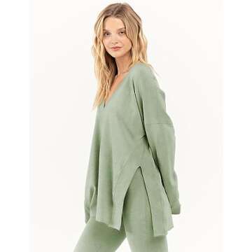 Faleave Women's Oversized 2 Piece Outfits Reversible Long Sleeve Tops High Waisted Flared Pants Lounge Sets Tracksuit(PeaGreen-M)