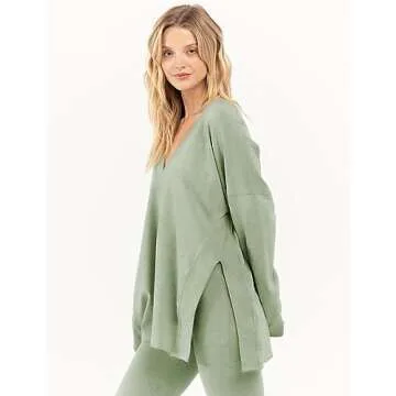 Faleave Women's Oversized 2 Piece Outfits Reversible Long Sleeve Tops High Waisted Flared Pants Lounge Sets Tracksuit(PeaGreen-M)