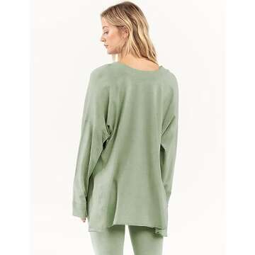 Faleave Women's Oversized 2 Piece Outfits Reversible Long Sleeve Tops High Waisted Flared Pants Lounge Sets Tracksuit(PeaGreen-M)