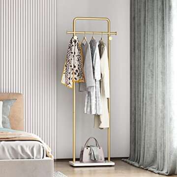 TIEOU Gold Clothes Rack with Shelf, Gold Clothing Racks for Boutiques, Free-Standing Garment Rack for Hanging Clothes,Gold Coat Rack, Small Metal Clothes Rack Heavy Duty, Industrial Clothing Rack Gold
