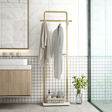 TIEOU Gold Clothes Rack with Shelf, Gold Clothing Racks for Boutiques, Free-Standing Garment Rack for Hanging Clothes,Gold Coat Rack, Small Metal Clothes Rack Heavy Duty, Industrial Clothing Rack Gold