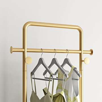 TIEOU Gold Clothes Rack with Shelf, Gold Clothing Racks for Boutiques, Free-Standing Garment Rack for Hanging Clothes,Gold Coat Rack, Small Metal Clothes Rack Heavy Duty, Industrial Clothing Rack Gold