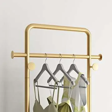 TIEOU Gold Clothes Rack with Shelf, Gold Clothing Racks for Boutiques, Free-Standing Garment Rack for Hanging Clothes,Gold Coat Rack, Small Metal Clothes Rack Heavy Duty, Industrial Clothing Rack Gold