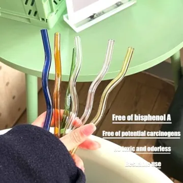 BilliGO 6 PCS Colored Wavy Glass Straw Set