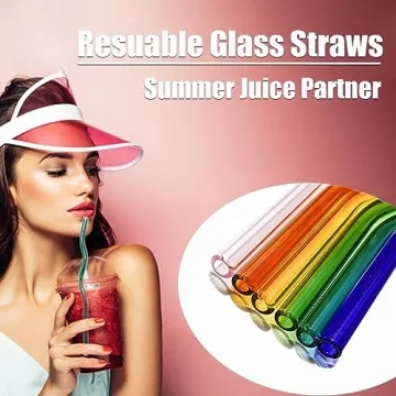 BilliGO 6 PCS Colored Wavy Glass Straw Set