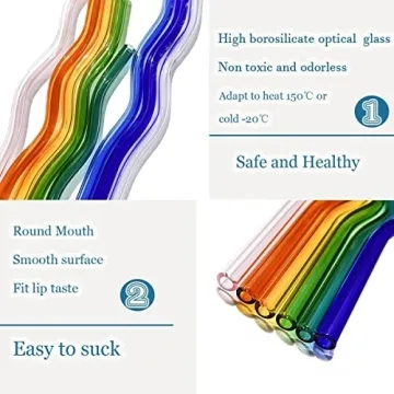 BilliGO 6 PCS Colored Wavy Glass Straw Set