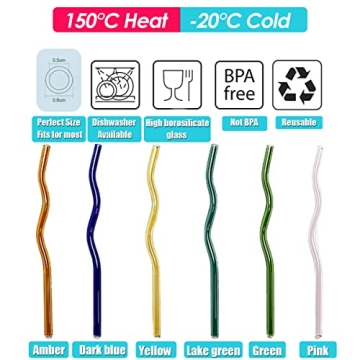 BilliGO 6 PCS Colored Wavy Glass Straw Set