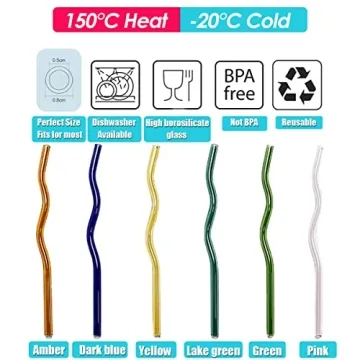 BilliGO 6 PCS Colored Wavy Glass Straw Set