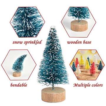 VIOCIWUO Artificial Mini Christmas Tree 24Pcs, Multicolor Mini Sisal Tree Bottle Brush Tree Snow Frosted Trees with Wood Base for Miniature Scenes Display DIY Tabletop Christmas Decor