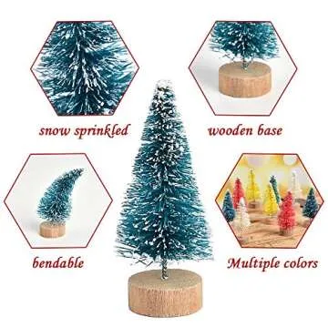 VIOCIWUO Artificial Mini Christmas Tree 24Pcs, Multicolor Mini Sisal Tree Bottle Brush Tree Snow Frosted Trees with Wood Base for Miniature Scenes Display DIY Tabletop Christmas Decor