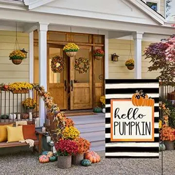 AVOIN colorlife Hello Pumpkin Fall Garden Flag with Watercolor Stripes - Double Sided 12 x 18 Inch O...