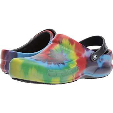 Crocs Unisex Bistro Graphic Clogs, Slip Resistant Work Shoes, Tie Dye/Black, 9 US Women