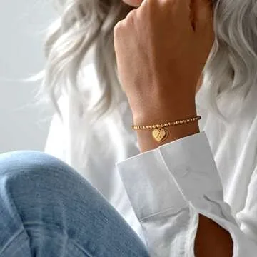 Gold Beaded Bracelets for Women, 14k Gold Plated Initial Beaded Bracelets for Women Dainty Heart Charm Gold Bead Bracelets Letter L Bracelets for Women Gold Jewelry Gifts for Women