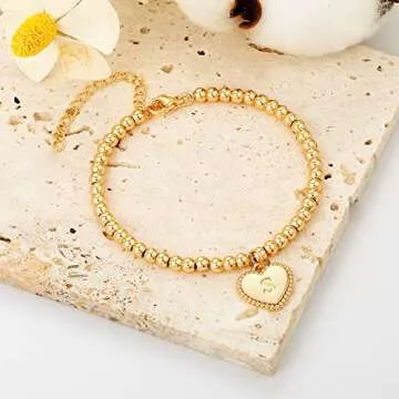 Gold Beaded Bracelets for Women, 14k Gold Plated Initial Beaded Bracelets for Women Dainty Heart Charm Gold Bead Bracelets Letter L Bracelets for Women Gold Jewelry Gifts for Women