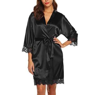 URRU Women's Bathrobes Short Kimono Robe Bridesmaids Satin Sleepwear above Knee Length Black S