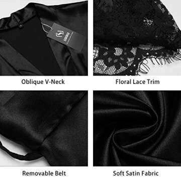 URRU Women's Bathrobes Short Kimono Robe Bridesmaids Satin Sleepwear above Knee Length Black S