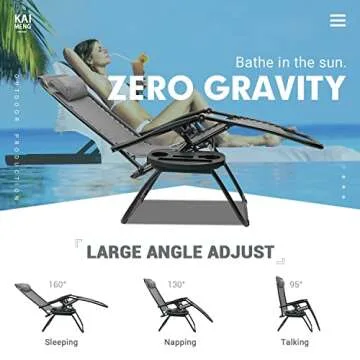Kemon Zero Gravity Folding Lounge Outdoor Patio Adjustable Reclining Chair with Pillows and Cup Holders for Beach Set of 2, Double Grey