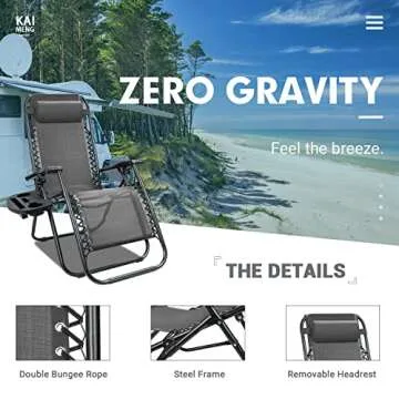 Kemon Zero Gravity Folding Lounge Outdoor Patio Adjustable Reclining Chair with Pillows and Cup Holders for Beach Set of 2, Double Grey