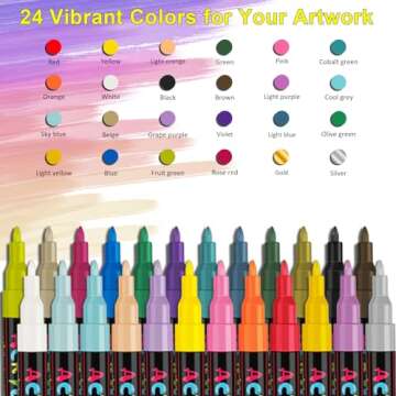 IVSUN 24 Colors Premium Extra Fine Point Acrylic Paint Marker Pens for Wood, Canvas, Stone, Rock Painting, Glass, Ceramic Surfaces, DIY Crafts Making Art Supplies (24PCS (0.7mm))