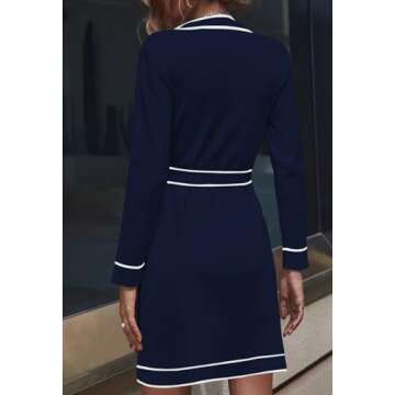 Pink Queen Elegant Lace Up Party Dress for Women Vacation V Neck Long Sleeve Short Sweater Dress Outfits Button Down Knitted Cardigans Navy L