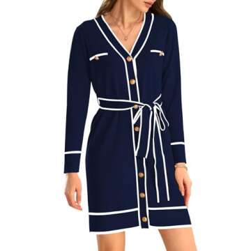 Pink Queen Elegant Lace Up Party Dress for Women Vacation V Neck Long Sleeve Short Sweater Dress Outfits Button Down Knitted Cardigans Navy L