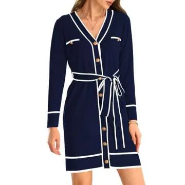 Pink Queen Elegant Lace Up Party Dress for Women Vacation V Neck Long Sleeve Short Sweater Dress Outfits Button Down Knitted Cardigans Navy L