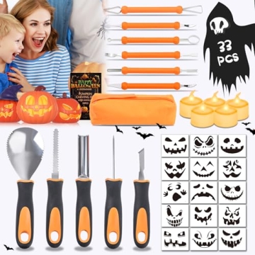 Halloween Pumpkin Carving Kit 33 PCS - Professional Tools & Stencils for Family Fun