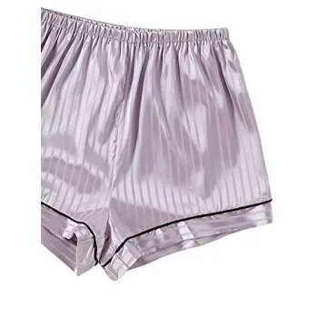LYANER Women's Striped Silky Satin Pajamas Short Sleeve Top with Shorts Sleepwear PJ Set Light Purple X-Small