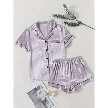 LYANER Women's Striped Silky Satin Pajamas Short Sleeve Top with Shorts Sleepwear PJ Set Light Purple X-Small